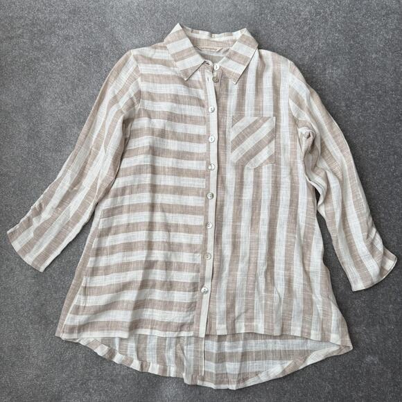Soft Surroundings Tops - Soft Surroundings Shirt Womens Small Tan White Stripe Linen Blend 3/4 Sleeve